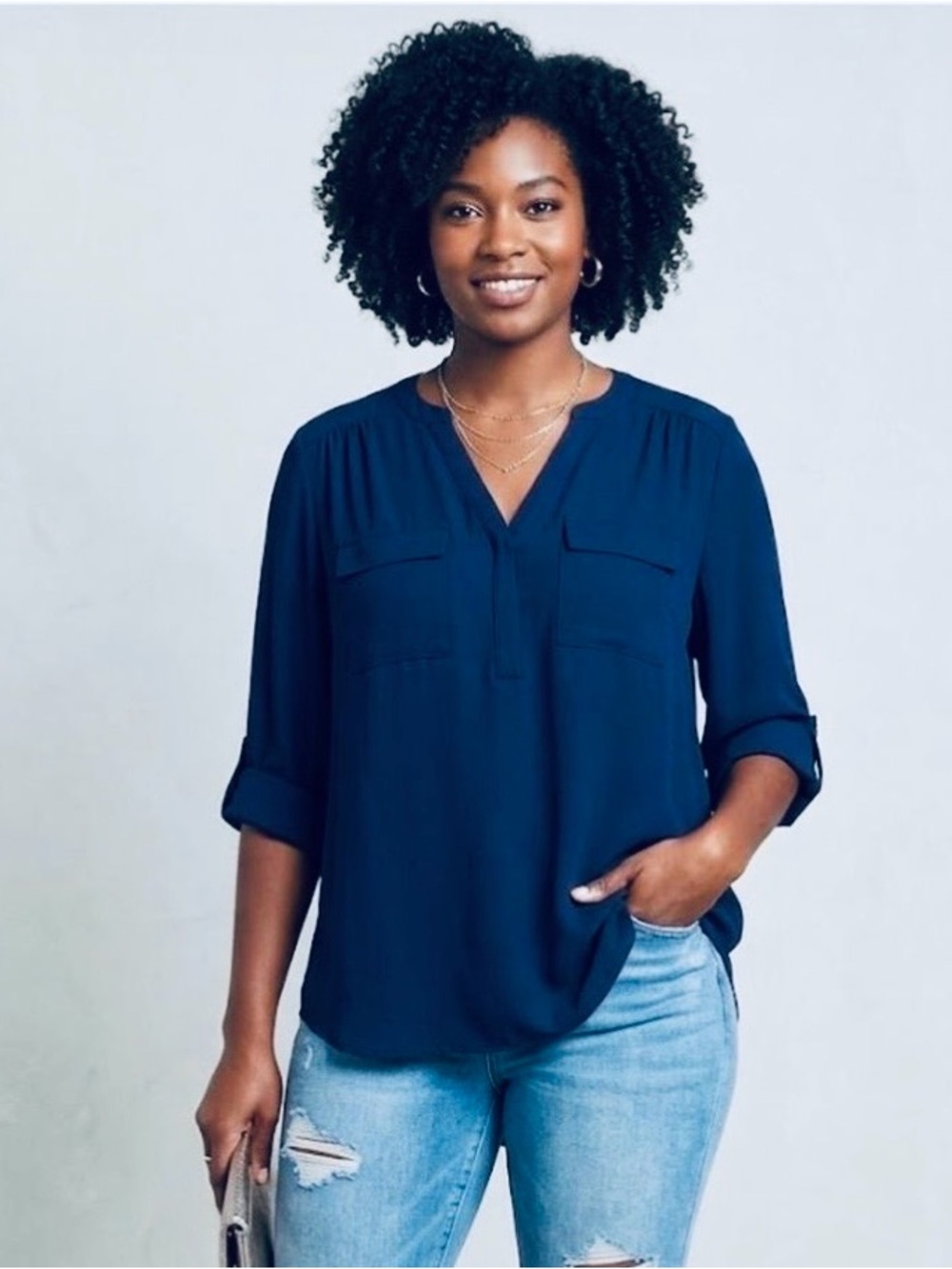NWT Torrid Sz 5(28) Blue Navy V-Neck Roll-Sleeve Women's Blouse Polyester